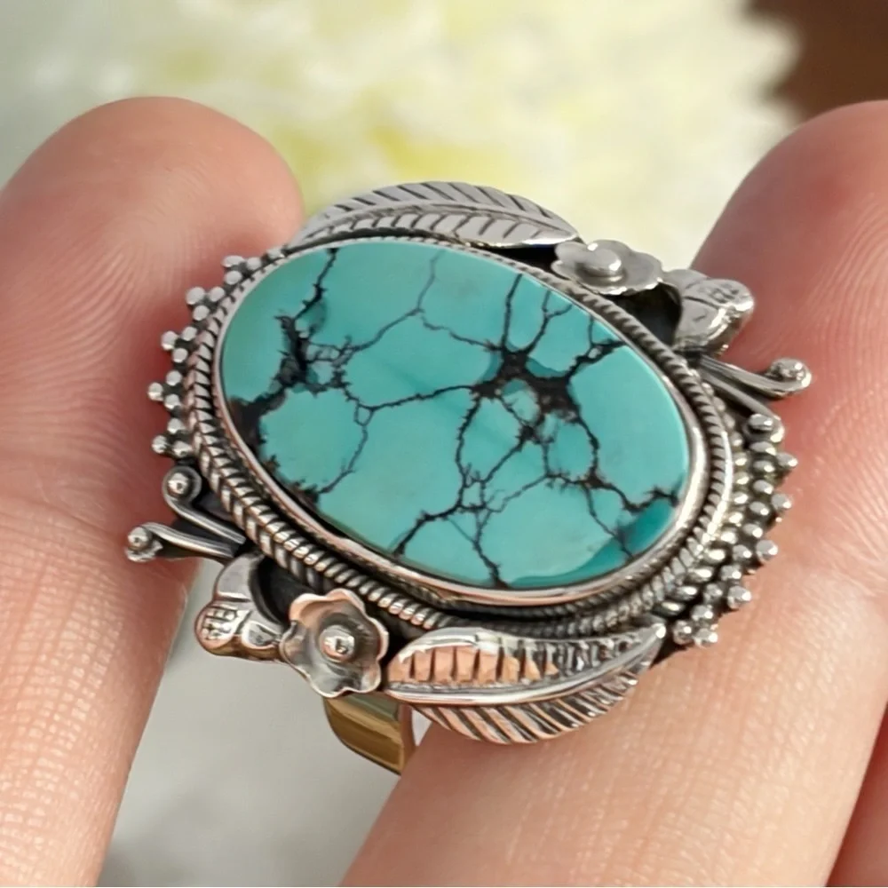Southwest Spiderweb Turquoise Ring Size 9 Navajo Style Pure Sterling Silver 925